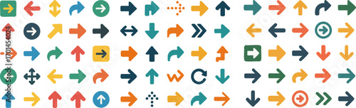 Collection of diverse flat design arrow icons for UI/UX.