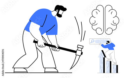 Man mining with a pickaxe, brain icon representing ideas, and figure using search bar for exploration. Ideal for innovation, knowledge, creativity, hard work, exploration, growth simple flat