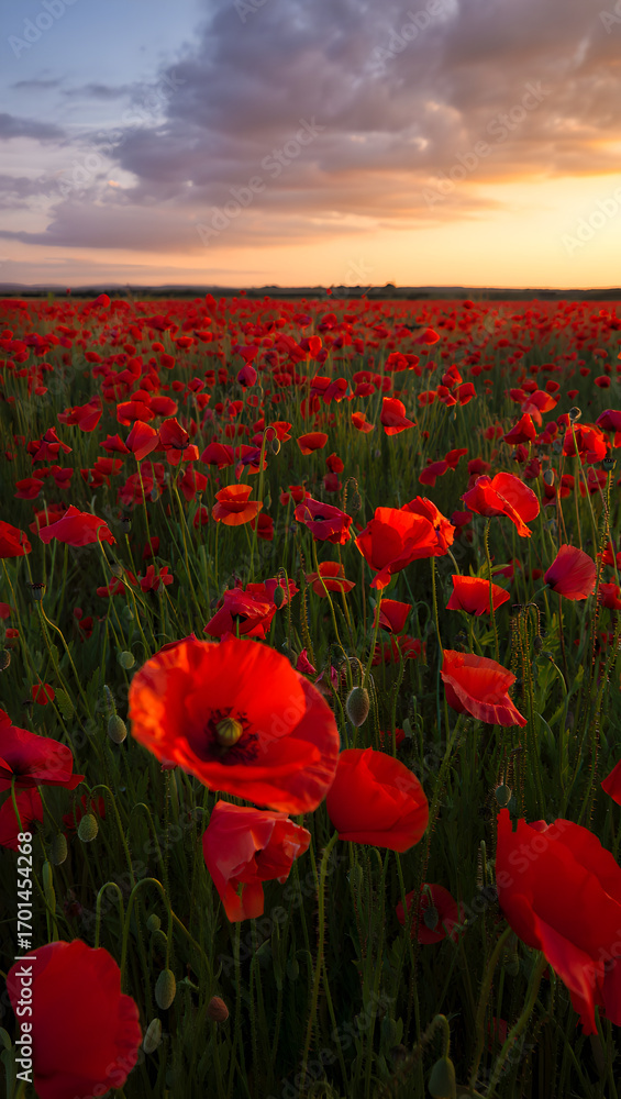 Fototapeta premium Vibrant red poppies field at sunset golden hour sky with clouds scenic nature beauty