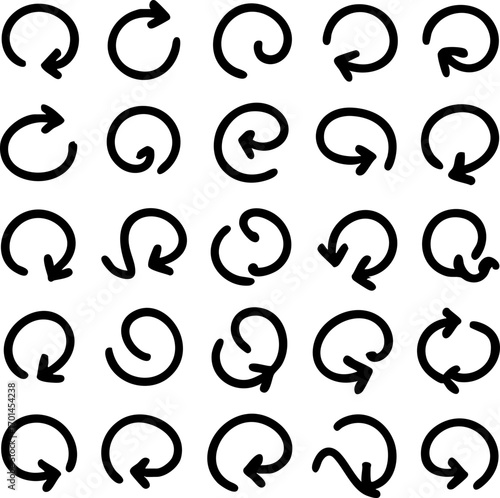 25 doodle circular arrow icons for UI/UX, refresh, reload, undo, redo. Hand-drawn style.