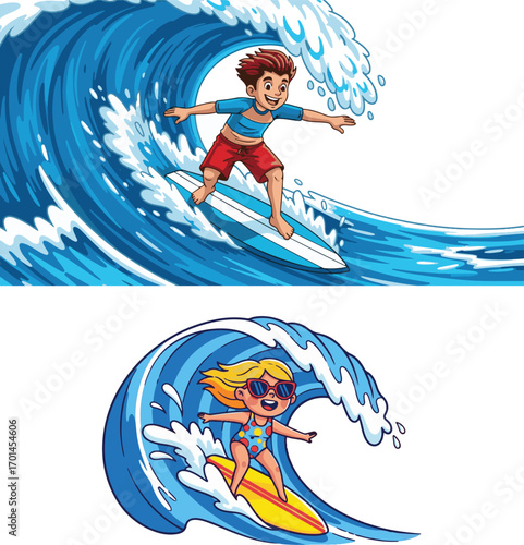 Young cartoon surfers on a wave at the beach enjoying the summer water sport