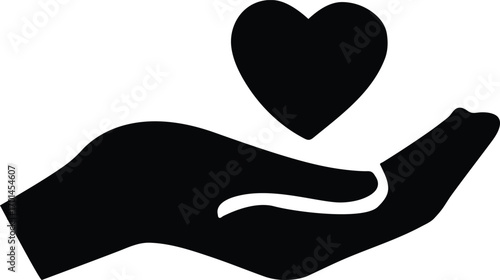 Black silhouette of an open hand gently holding a stylized heart symbol above it representing care compassion and love
