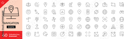 Navigation line icon set. Containing maps, location, navigation, direction, GPS, flag, destination, route, road and more. Vector illustration. Editable stroke. Outline icons. Perfect for infographics.