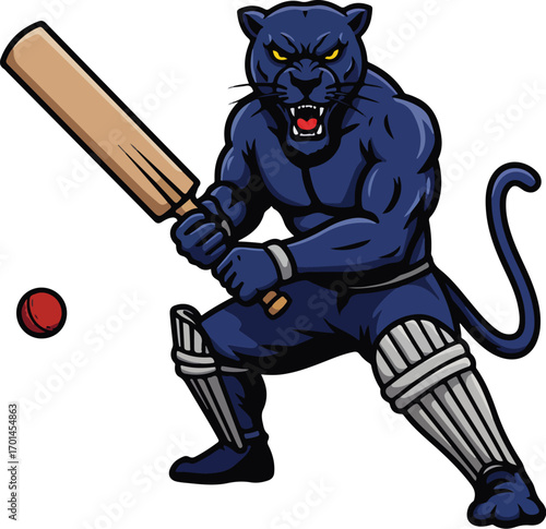 Fierce Panther Mascot Cricket Sports Logo Vector Illustration
