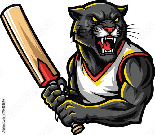Fierce Panther Mascot Cricket Sports Logo Vector Illustration