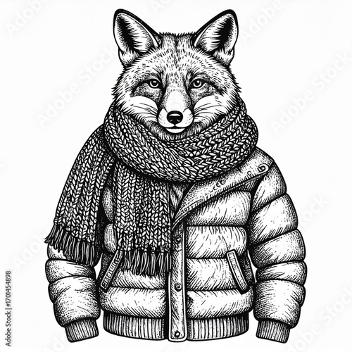 Fox Head Wearing Down Jacket and Scarf in Black and White Ink Drawing