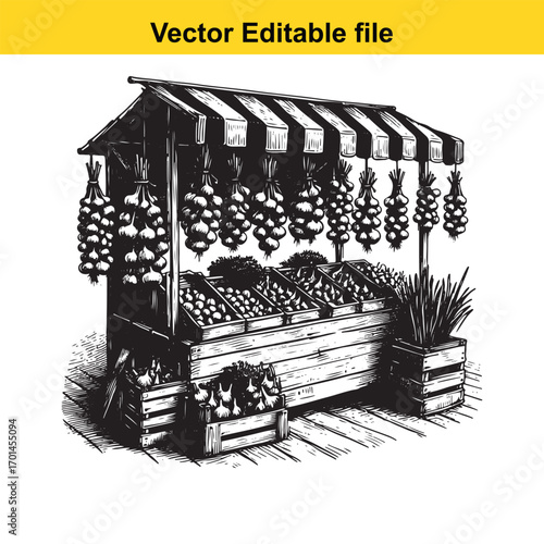 Sketch of a market stall selling fresh produce and hanging garlic, isolated on white background