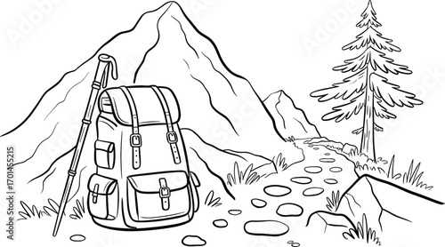 Backpack and hiking pole in mountain landscape, black and white vector illustration, perfect for outdoor adventure coloring pages, camping designs, nature-themed