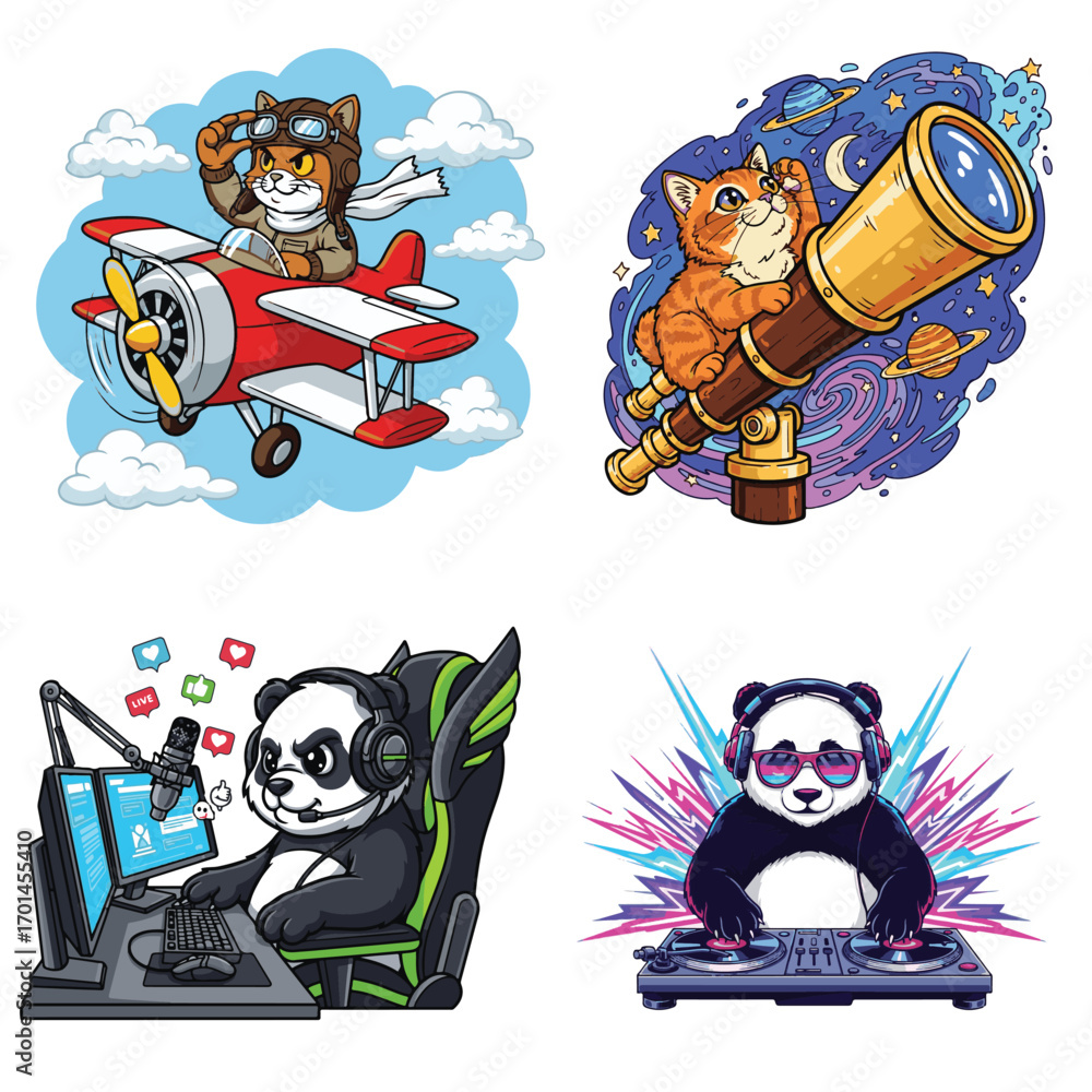 Fototapeta premium A cute cartoon mouse with a pirate skull and crossbones flag sits on a laptop