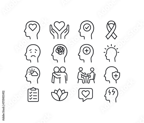 grid 4x4 vector icon line mental health awareness 16 items isolated on white background