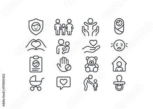 grid 4x4 vector icon line child protection and welfare 16 items isolated on white background