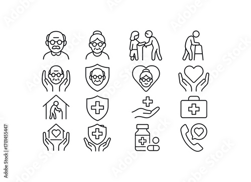 grid 4x4 vector icon line elder care and protection 16 items isolated on white background