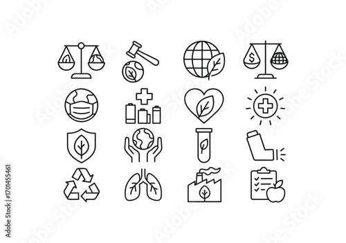 grid 4x4 vector icon line environmental justice and health 16 items isolated on white background