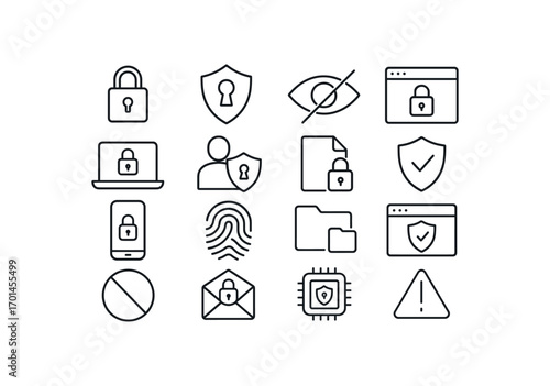 grid 4x4 vector icon line privacy and data protection 16 items isolated on white background