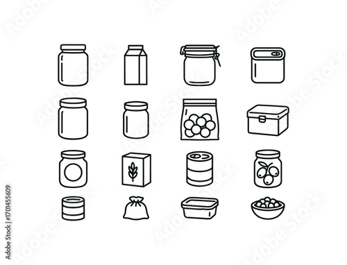 grid 4x4 vector icon line pantry and food storage 16 items isolated on white background