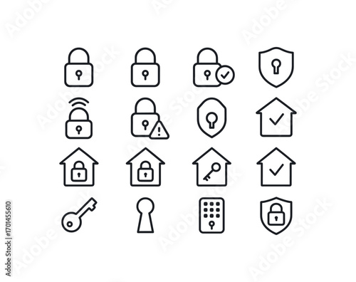 grid 4x4 vector icon line locks and home security 16 items isolated on white background