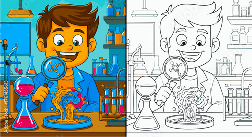 Young Scientist's Exciting Experiment A Colorful Lab Illustration with Coloring Page Option