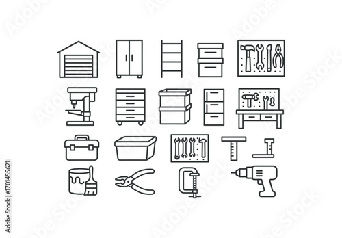 grid 4x4 vector icon line garage storage and tools 16 items isolated on white background