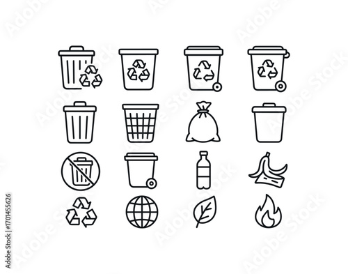 grid 4x4 vector icon line recycling and waste bins 16 items isolated on white background