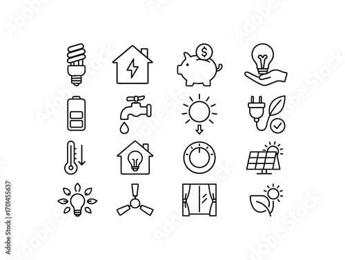 grid 4x4 vector icon line energy saving at home 16 items isolated on white background
