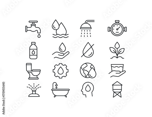 grid 4x4 vector icon line water use and conservation 16 items isolated on white background