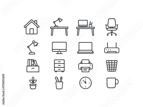 grid 4x4 vector icon line home office and desk setup 16 items isolated on white background