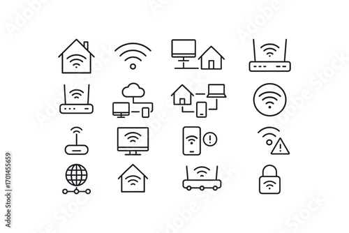 grid 4x4 vector icon line home network and wifi 16 items isolated on white background