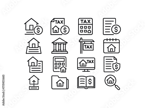 grid 4x4 vector icon line property tax and records 16 items isolated on white background