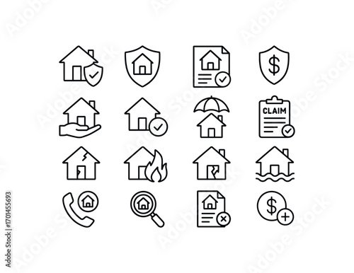 grid 4x4 vector icon line home insurance and claims 16 items isolated on white background