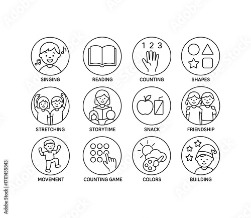 grid 4x4 vector icon line preschool circle time activities 16 items isolated on white background