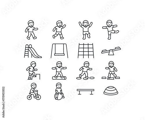 grid 4x4 vector icon line gross motor and balance play 16 items isolated on white background