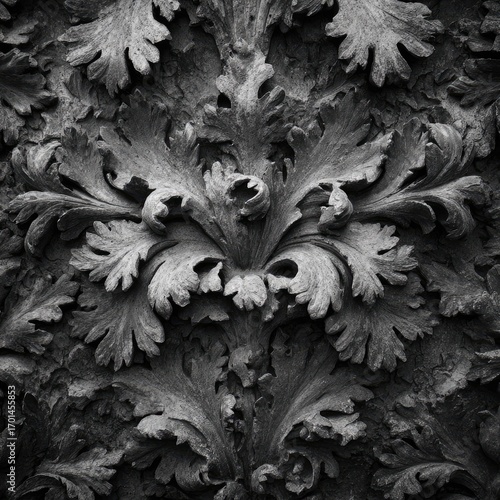 Intricate black and white close-up of ornate leaf patterns on a textured surface, showcasing craftsmanship
