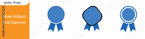 blue ribbon and banner. set of premium quality and guarantee labels isolated on white background. vector 10 eps.