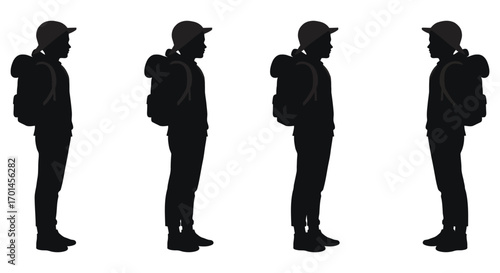 silhouette figures wearing hats and carrying backpacks standing in line