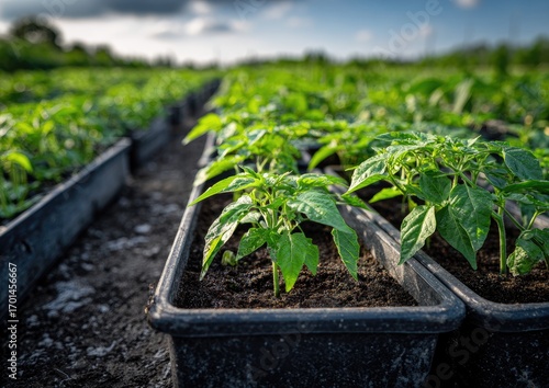 Rows of young tomato plants in dark plastic trays (1)