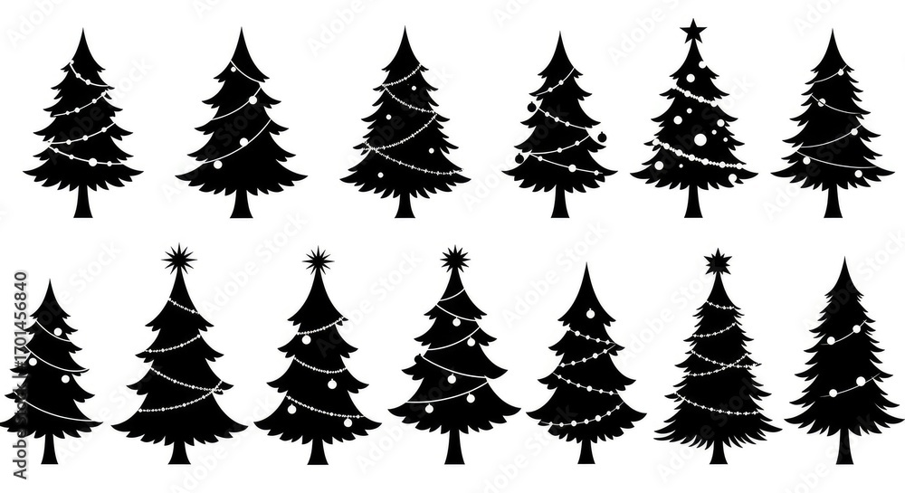 Fototapeta premium Minimalist Black Silhouette Christmas Tree Illustration with Light and Star Icon