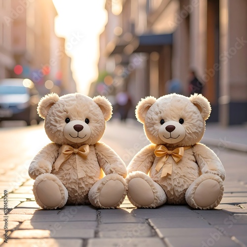 Two teddy bears sit on a city street, bathed in the golden light of the setting sun.