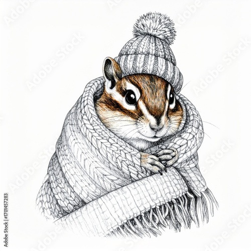 Detailed Illustration of a Chipmunk Wearing Winter Hat and Scarf on White Background Hand Drawn Style Artwork