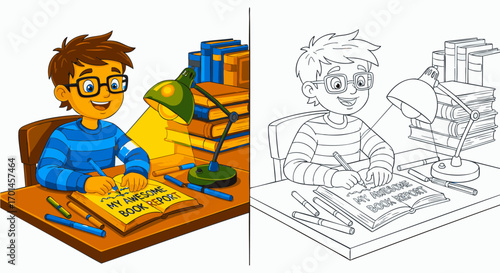 Adorable Boy Studying A Fun Coloring Page for Kids