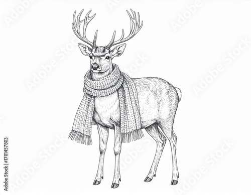 Elegant Deer with Scarf in Black and White Detailed Sketch on White Backdrop