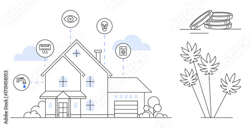 Modern house linked to smart devices for lighting, security, energy, and water control. Ideal for technology, energy efficiency, home automation, sustainability, security IoT and modern living