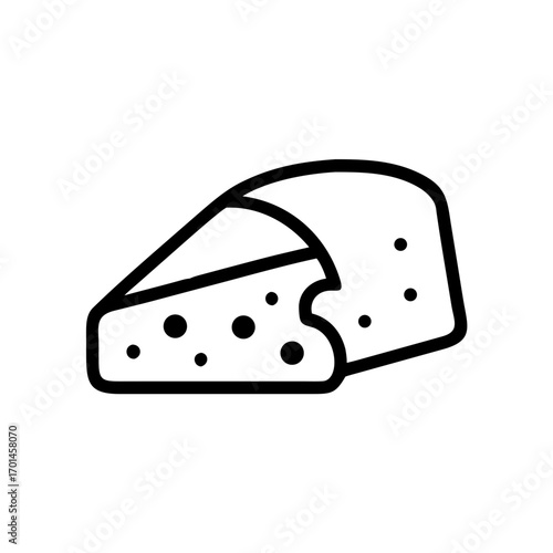 Simple black line art icon of a wedge of Swiss cheese with holes. A minimalist vector illustration representing dairy food, nutrition, and appetizers, isolated on a white background
