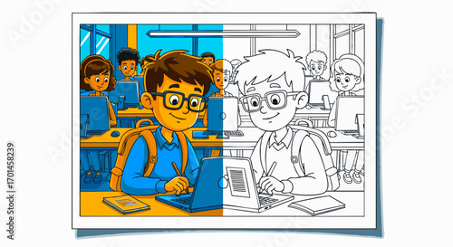 Coloring Page Boy Working on a Laptop in a Classroom Setting with other Students in the Background