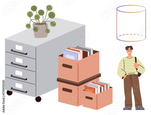 Filing cabinet with potted plant on top, stacked boxes of books, casual young man holding bag, cylindrical 3D concept. Ideal for organization, education, minimalism, storage, office workspace study