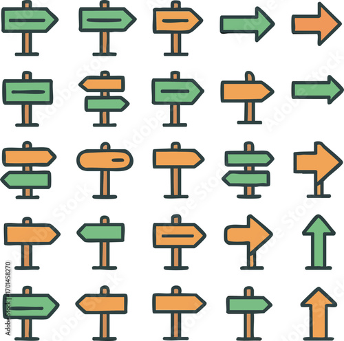 A diverse collection of colorful directional signpost and arrow icons.
