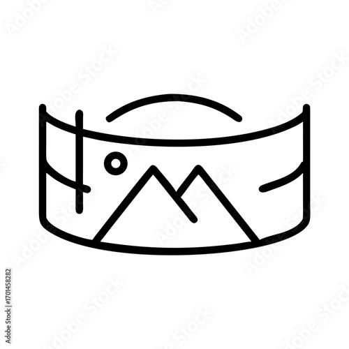 A simple line art icon representing a panoramic 360-degree view of a mountain landscape, symbolizing virtual reality and immersive travel experiences