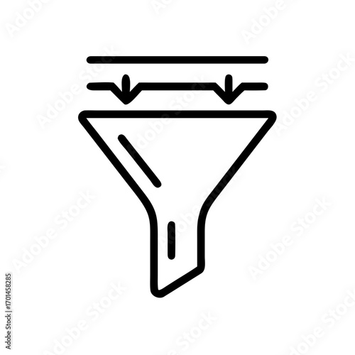 Conceptual black line icon representing data filtering and refinement processes, illustrating the funneling of information for analysis and selection