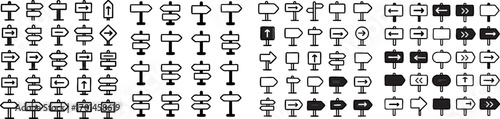 Collection of diverse directional and informational signpost icons in black and white.