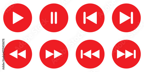 Play icon set. Media player controls with play, pause, stop, record, rewind and forward vector illustration. Universal video and music navigation symbol. Interface playback UI sign. Control pictogram