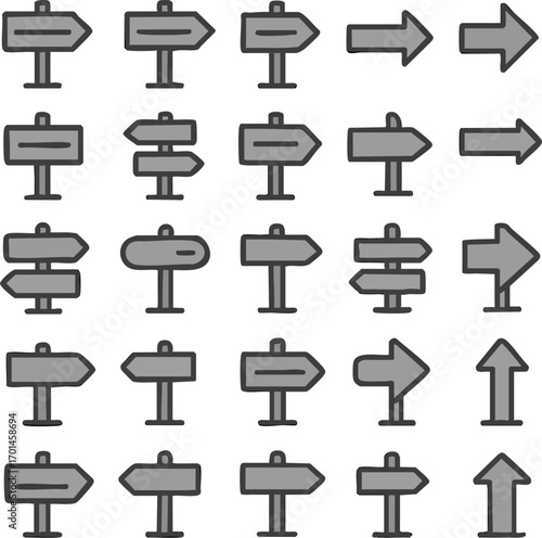 Collection of various road signs and directional arrows in a grid pattern.